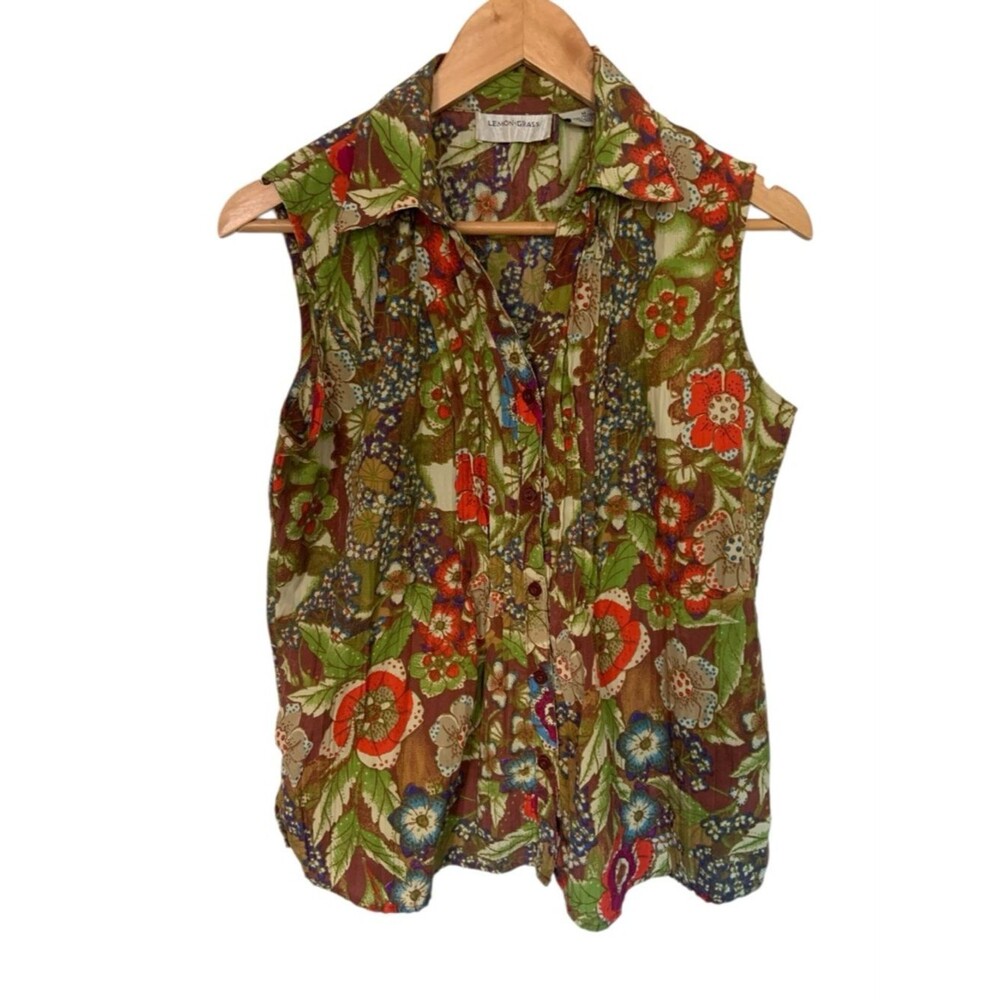 VTG Mixed Floral Green Brown Sleeveless Button-Down Pintuck Top Coastal Light M